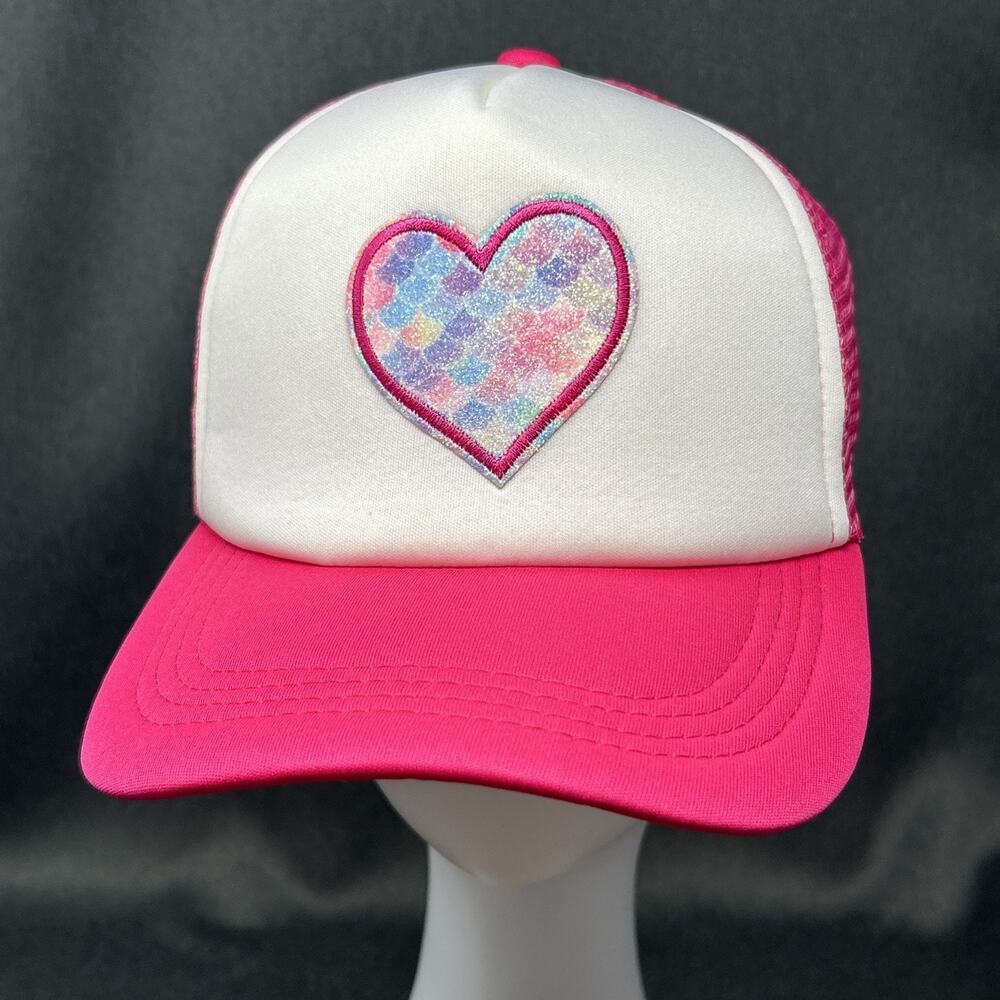 Falling For You Trucker Hat Pink Mermaid Rainbow Scalloped Heart Mesh Snapback